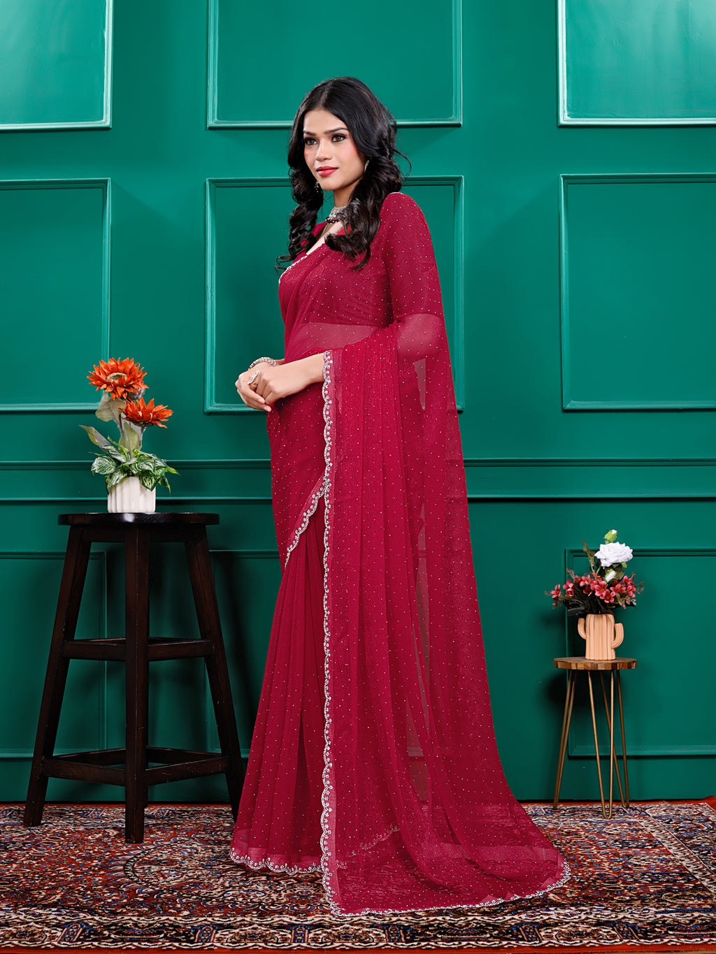 Chiffon   Siroski Daimond  Lace Work Sarees