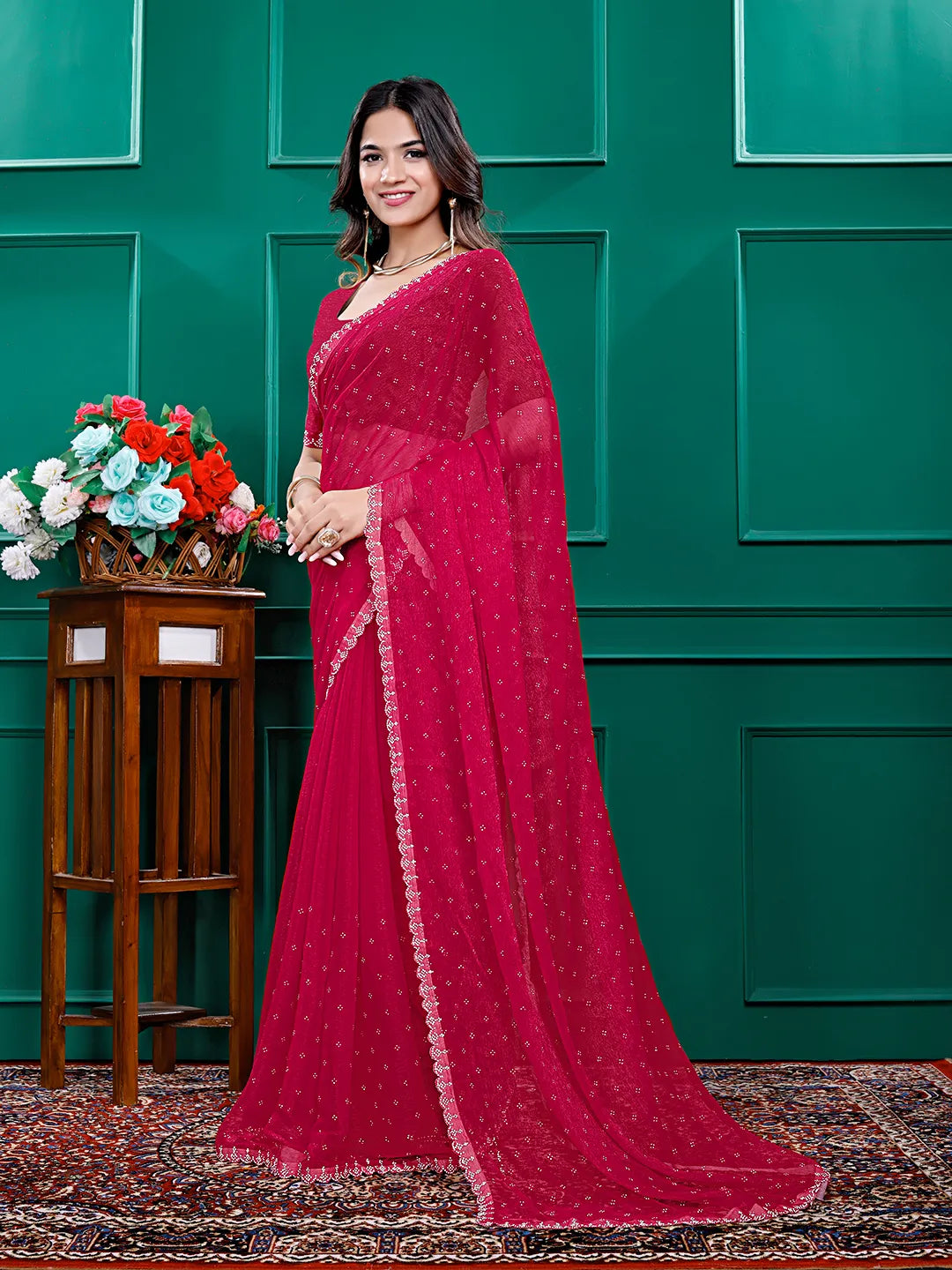 Chiffon Siroski Diamond Lace Work Saree