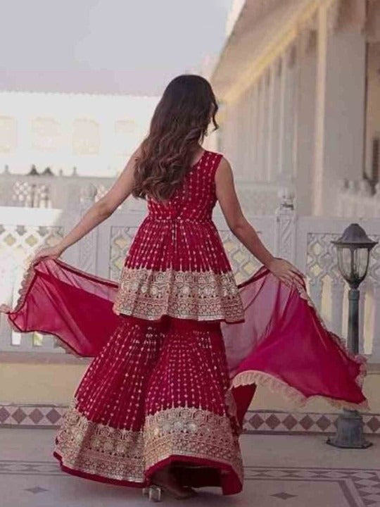 Rani Pink Sharara Set with Heavy Golden Embroidery and Net Dupatta