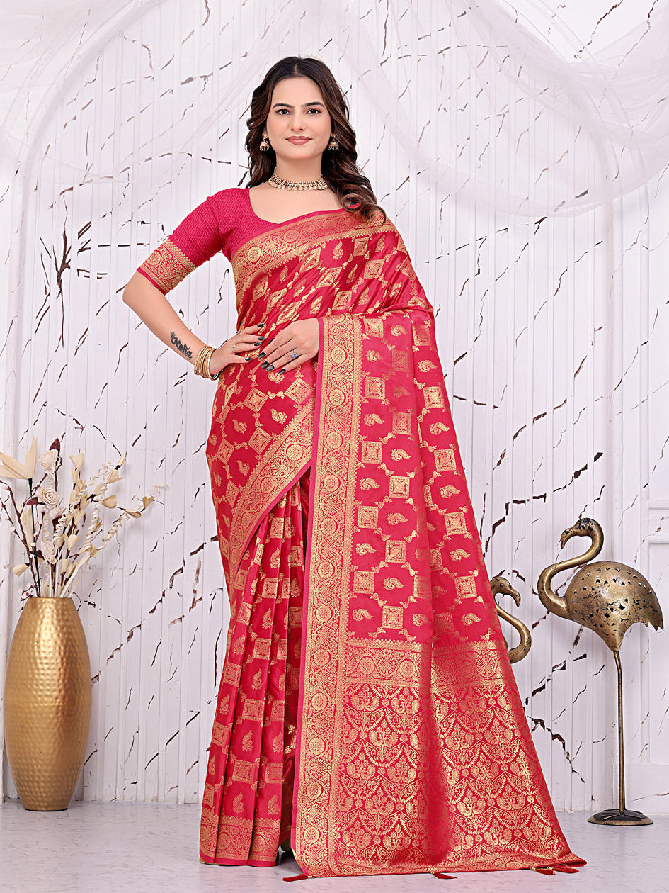 Banarasi Ready-to-Wear Saree with Traditional Woven Zari Motifs and Decorative Pallu.