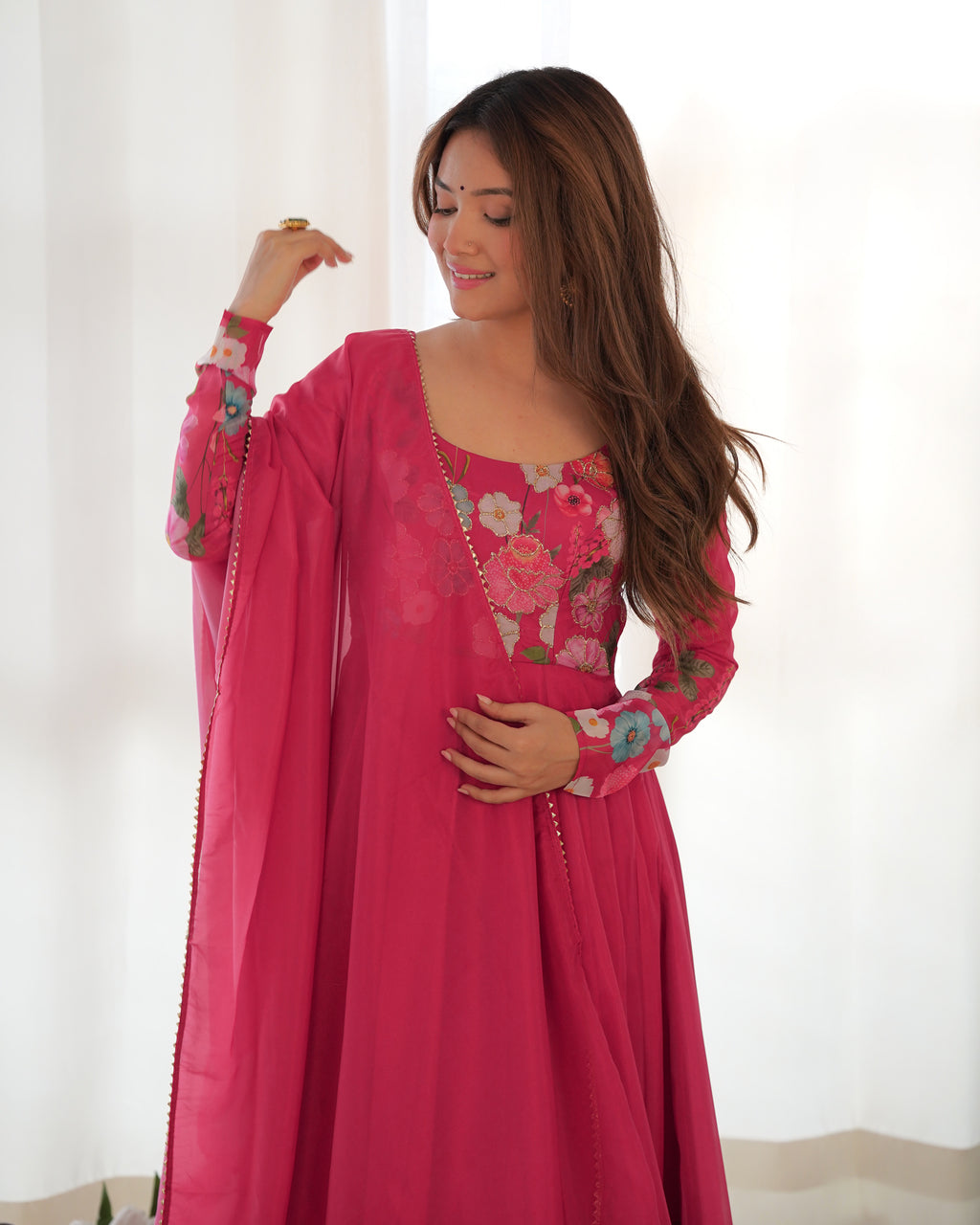 Women Floral Printed Organza Silk Flared Anarkali Kurta Set
