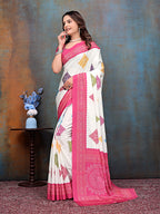 Pink White Printed Crepe Silk Saree for Women