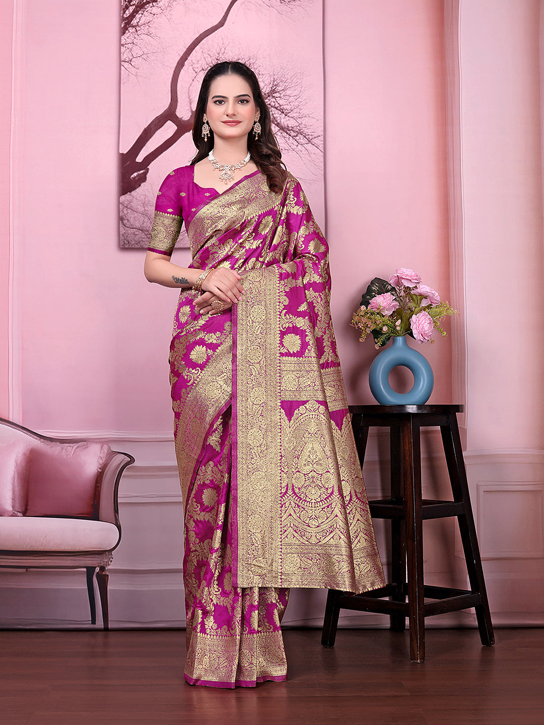 Ready to Wear Banarasi Jacquard Floral Print Party Saree with Unstitched Blouse