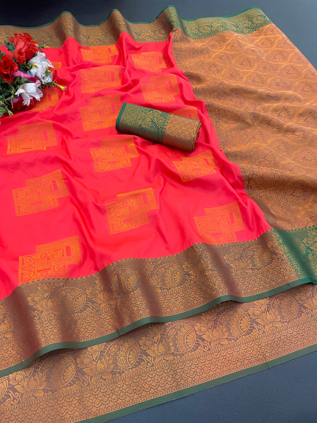 Woven Kanjivaram Soft Silk Copper Rich Pallu Saree