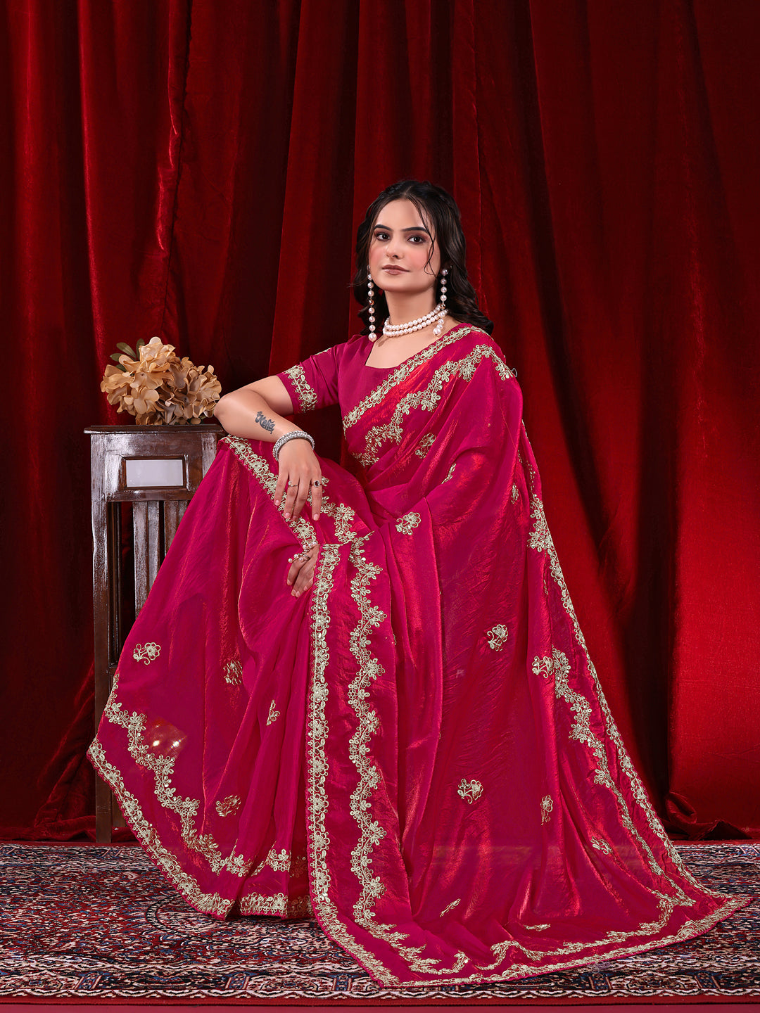 Traditional Embroidered Satin Silk Saree