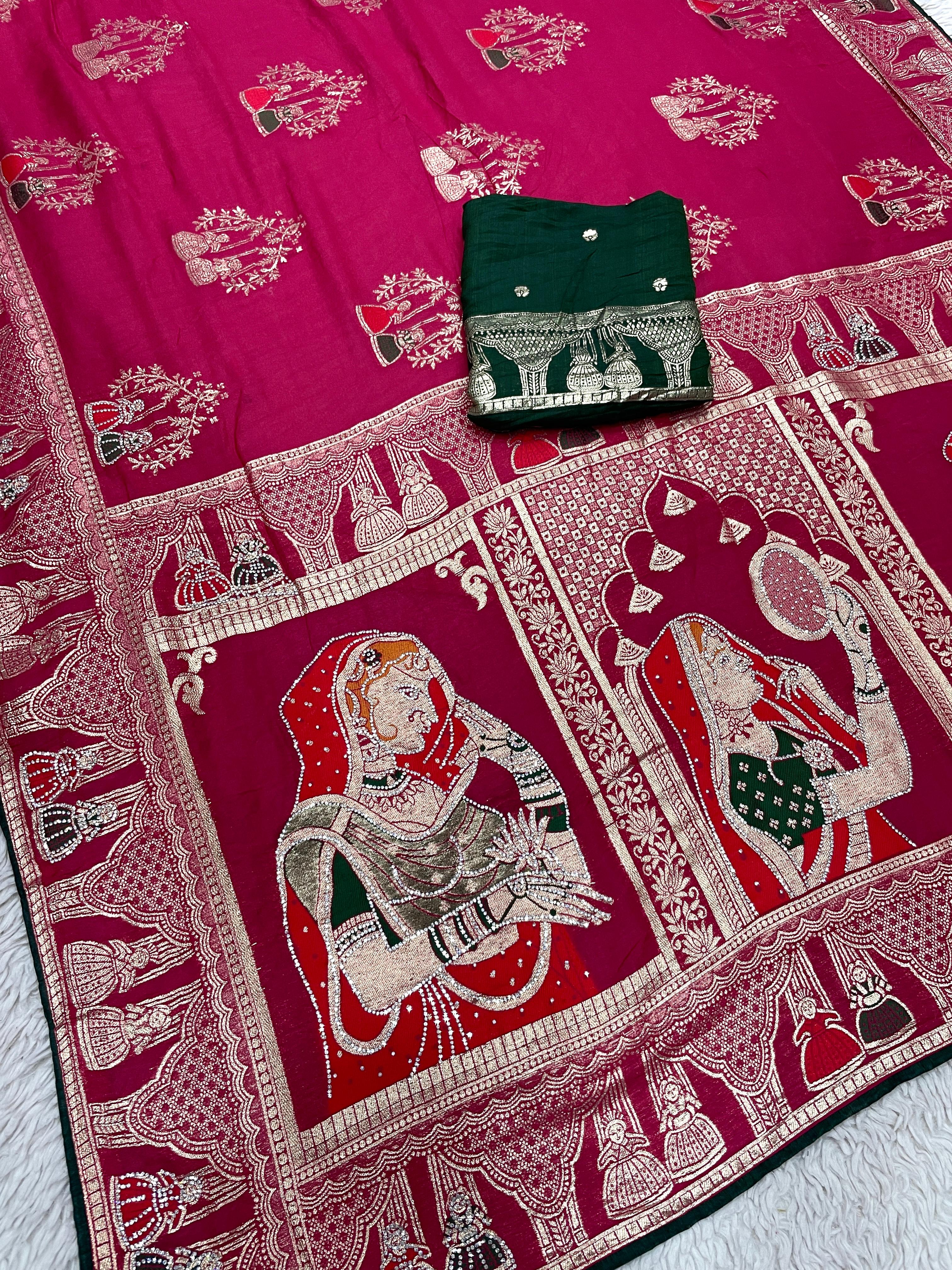 Dola Silk Hand Deying Mena with Zarkhan Work Saree