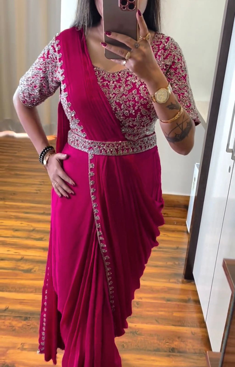 Ready To Wear Chinnon Embroidery Work Saree With Stitched Blouse