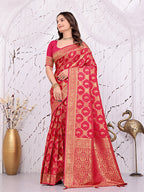 Banarasi Ready-to-Wear Saree with Traditional Woven Zari Motifs and Decorative Pallu.