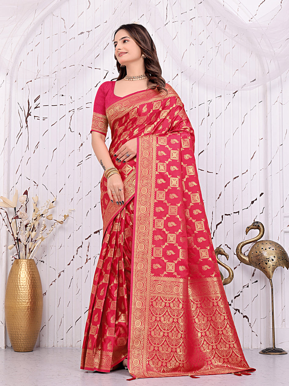 Banarasi Ready-to-Wear Saree with Traditional Woven Zari Motifs and Decorative Pallu.