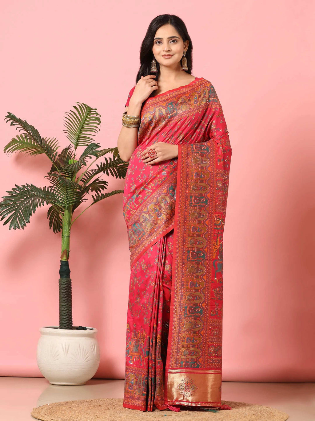 Floral Printed Woven Zari Pashmina Saree