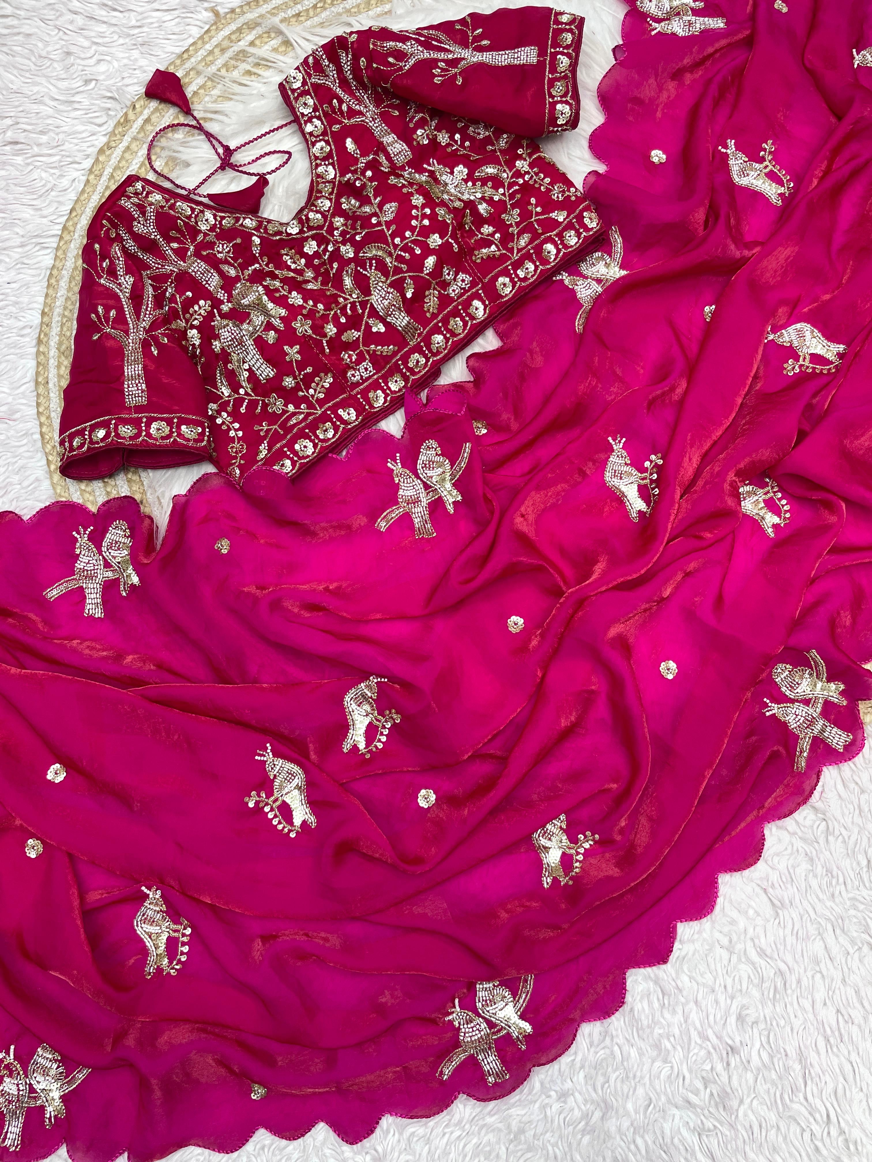 Satin Saree with Heavy Beaded Work Stitched Blouse