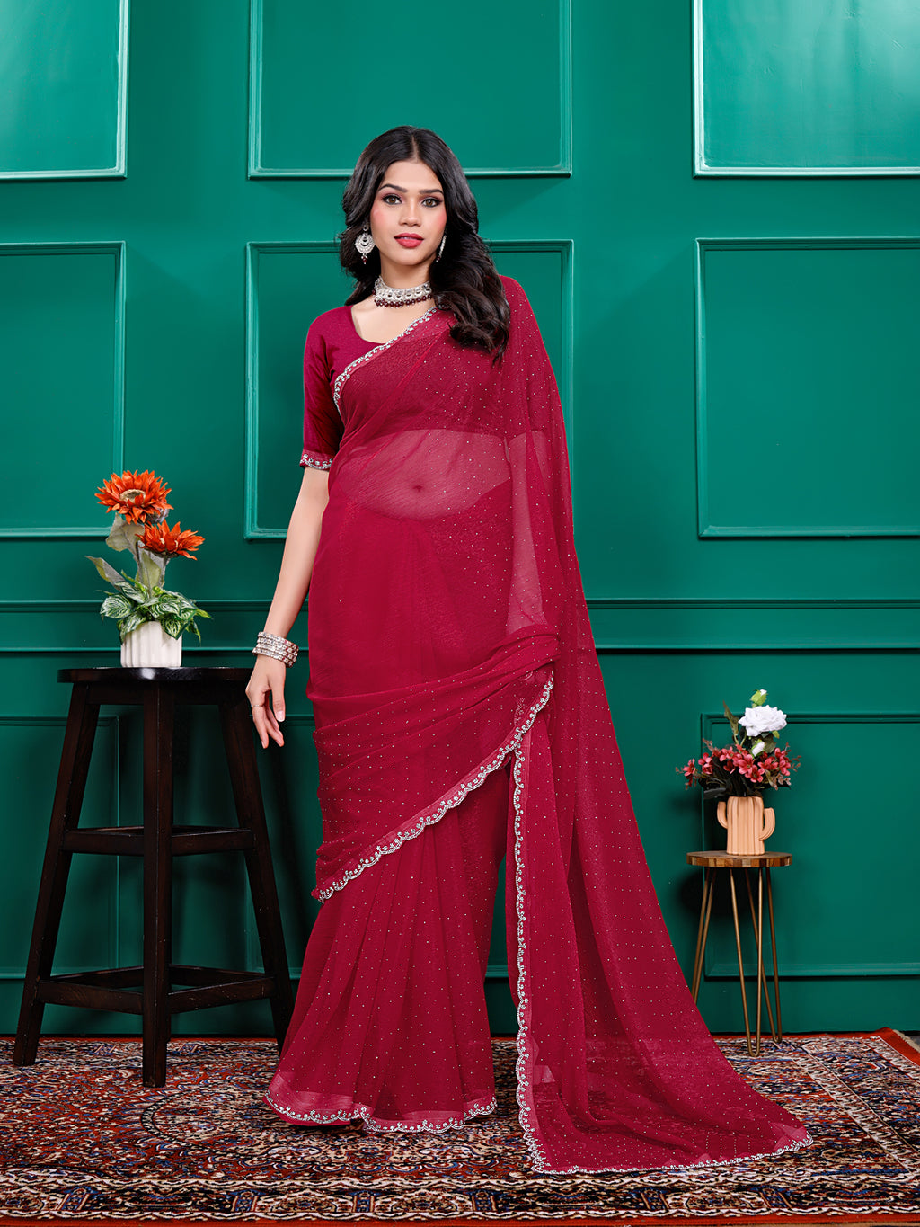 Chiffon   Siroski Daimond  Lace Work Sarees