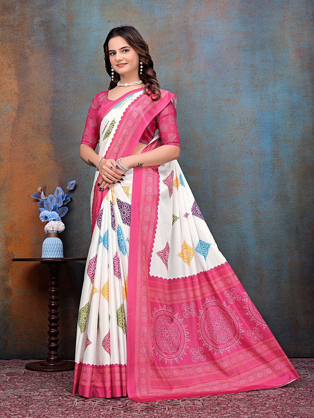 Pink White Printed Crepe Silk Saree for Women