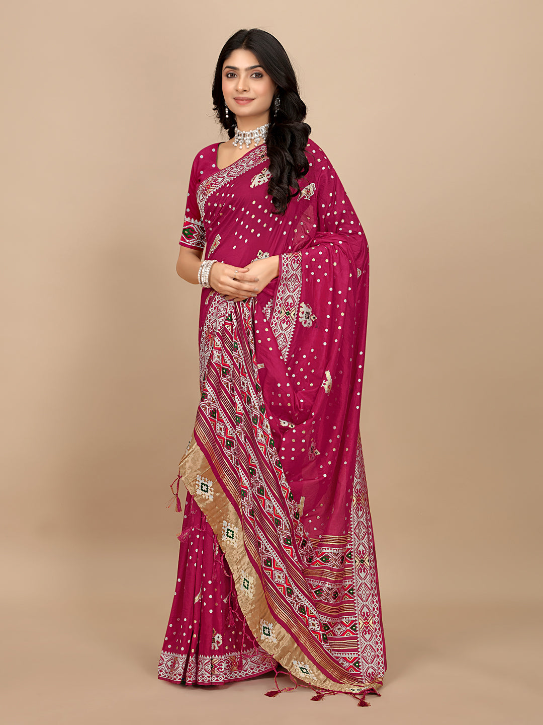 Patola Print Cotton Silk Saree with Tassel Border Pallu
