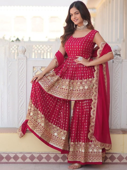 Rani Pink Sharara Set with Heavy Golden Embroidery and Net Dupatta