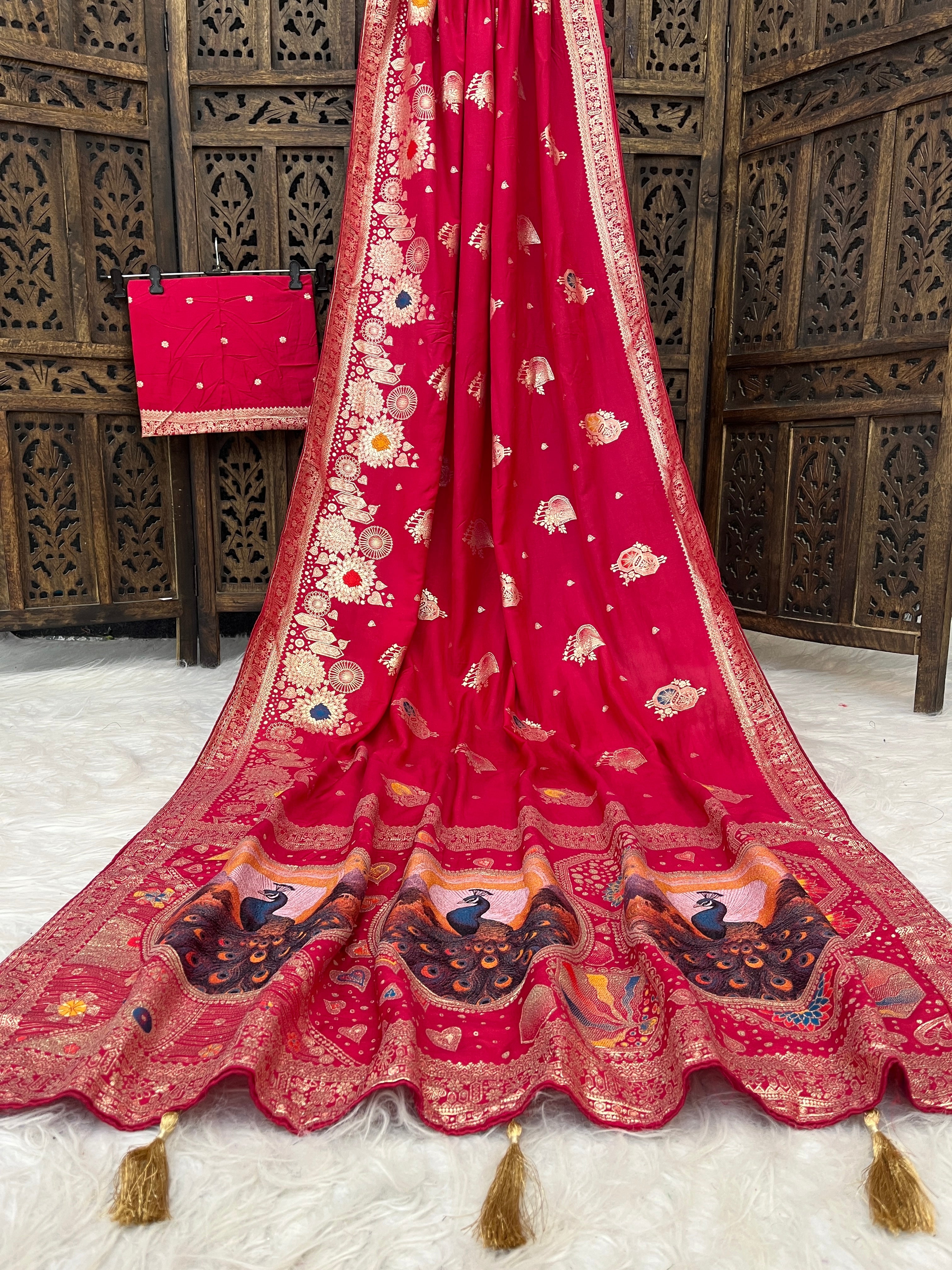 Traditional Dola Silk Saree with Peacock Printed Designer Pallu and Woven Border