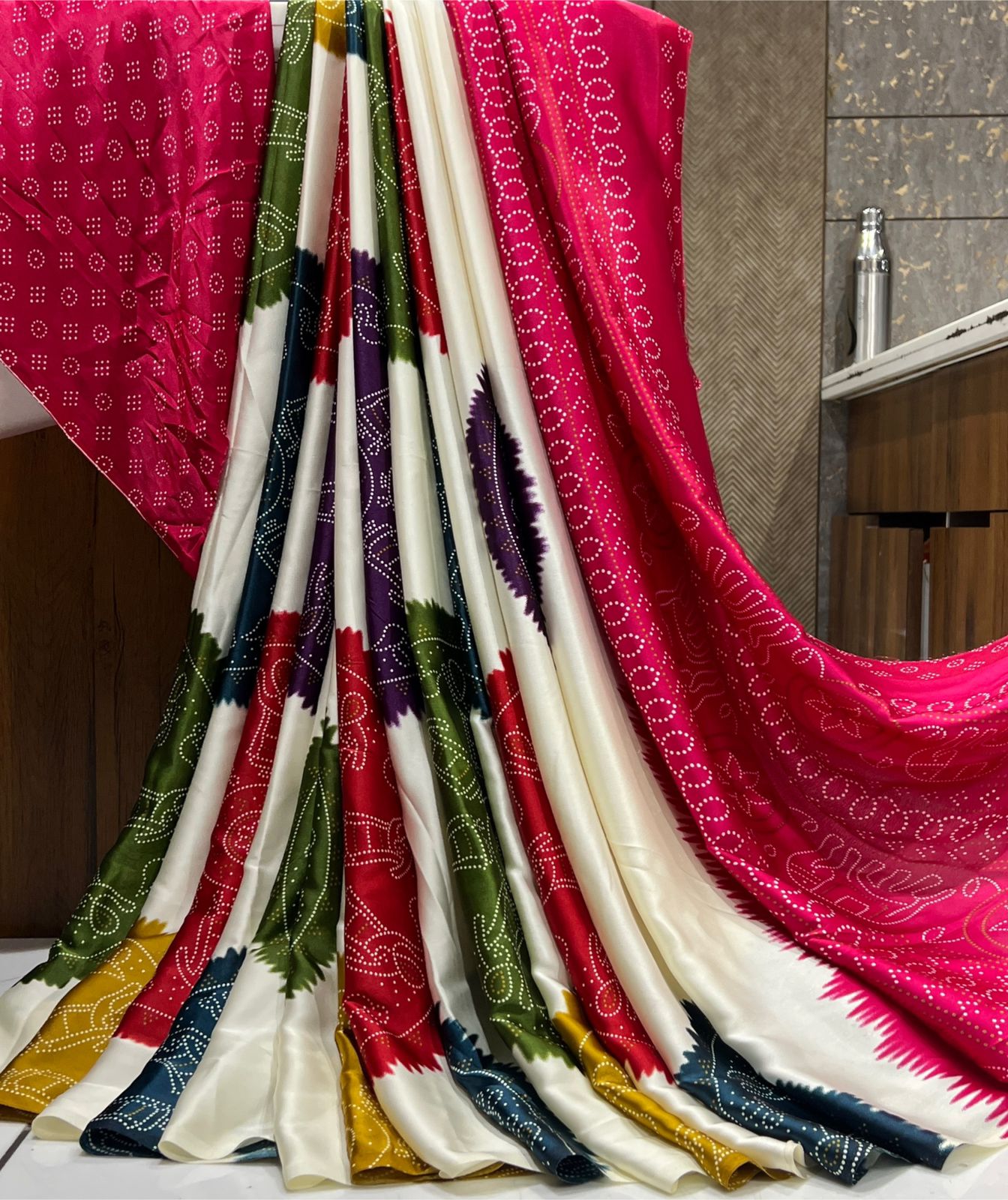 Ajrakh Printed Satin Silk Saree with Blouse Piece