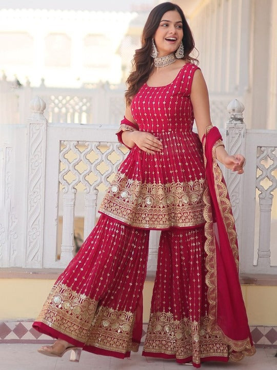 Rani Pink Sharara Set with Heavy Golden Embroidery and Net Dupatta