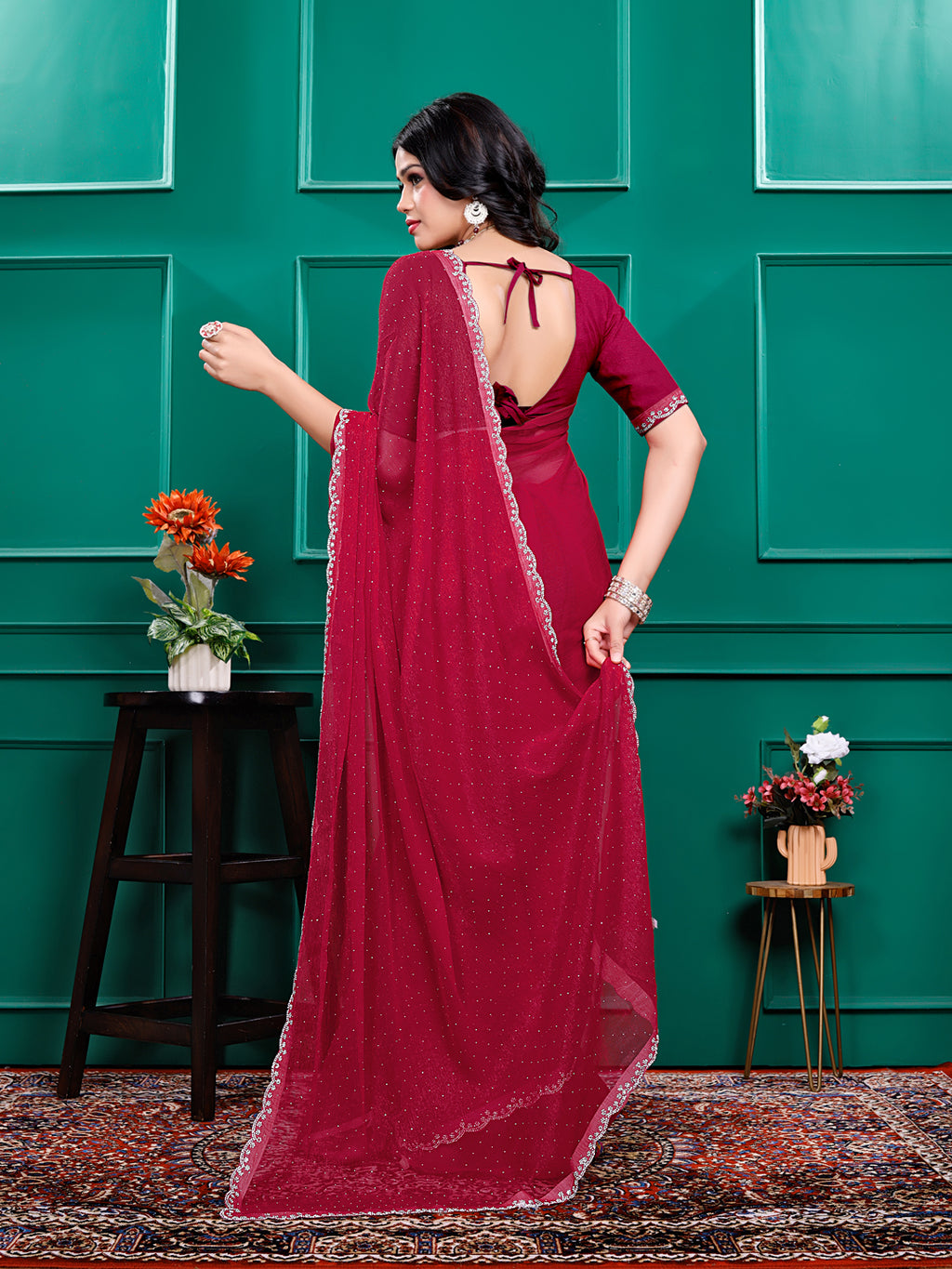 Chiffon   Siroski Daimond  Lace Work Sarees