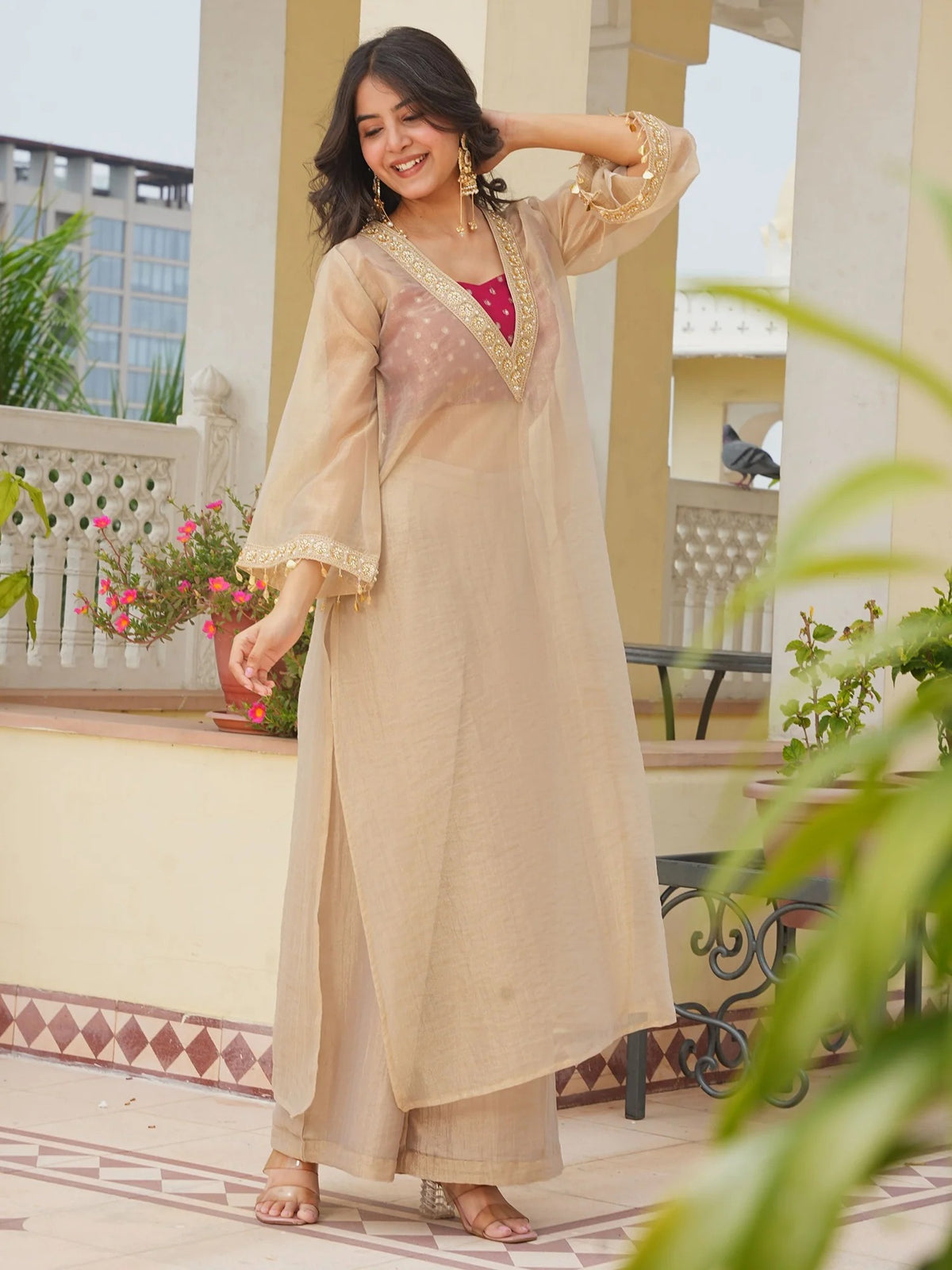 Salsa Fabric Embroidered Kurta and Palazzo Set with Inner Top