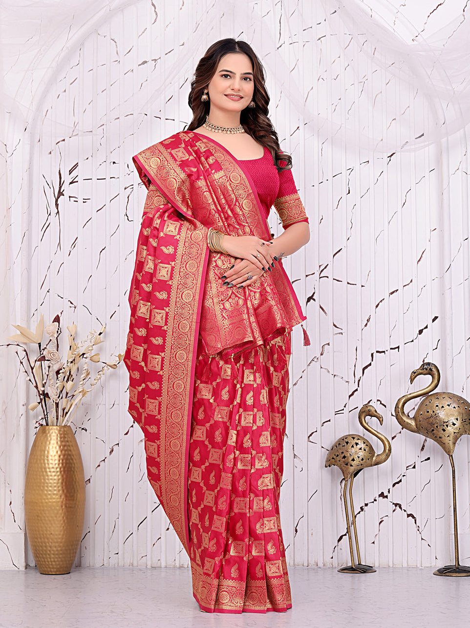 Banarasi Ready-to-Wear Saree with Traditional Woven Zari Motifs and Decorative Pallu.
