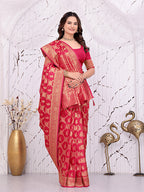 Banarasi Ready-to-Wear Saree with Traditional Woven Zari Motifs and Decorative Pallu.