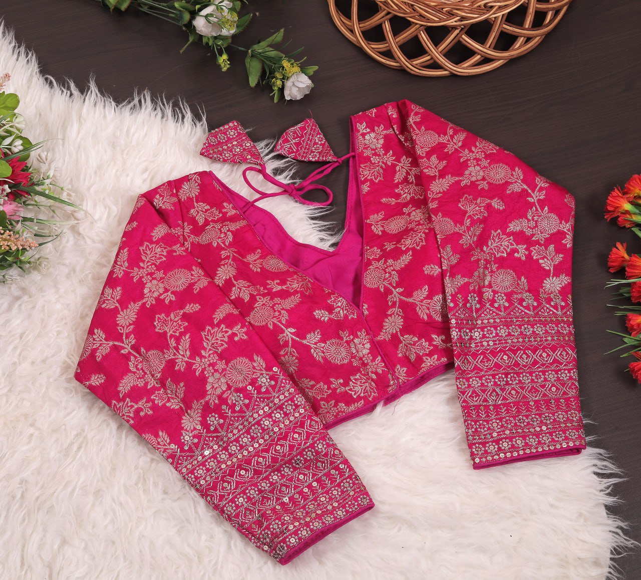 Pure Dola Silk Jacquard Embroidered Blouse