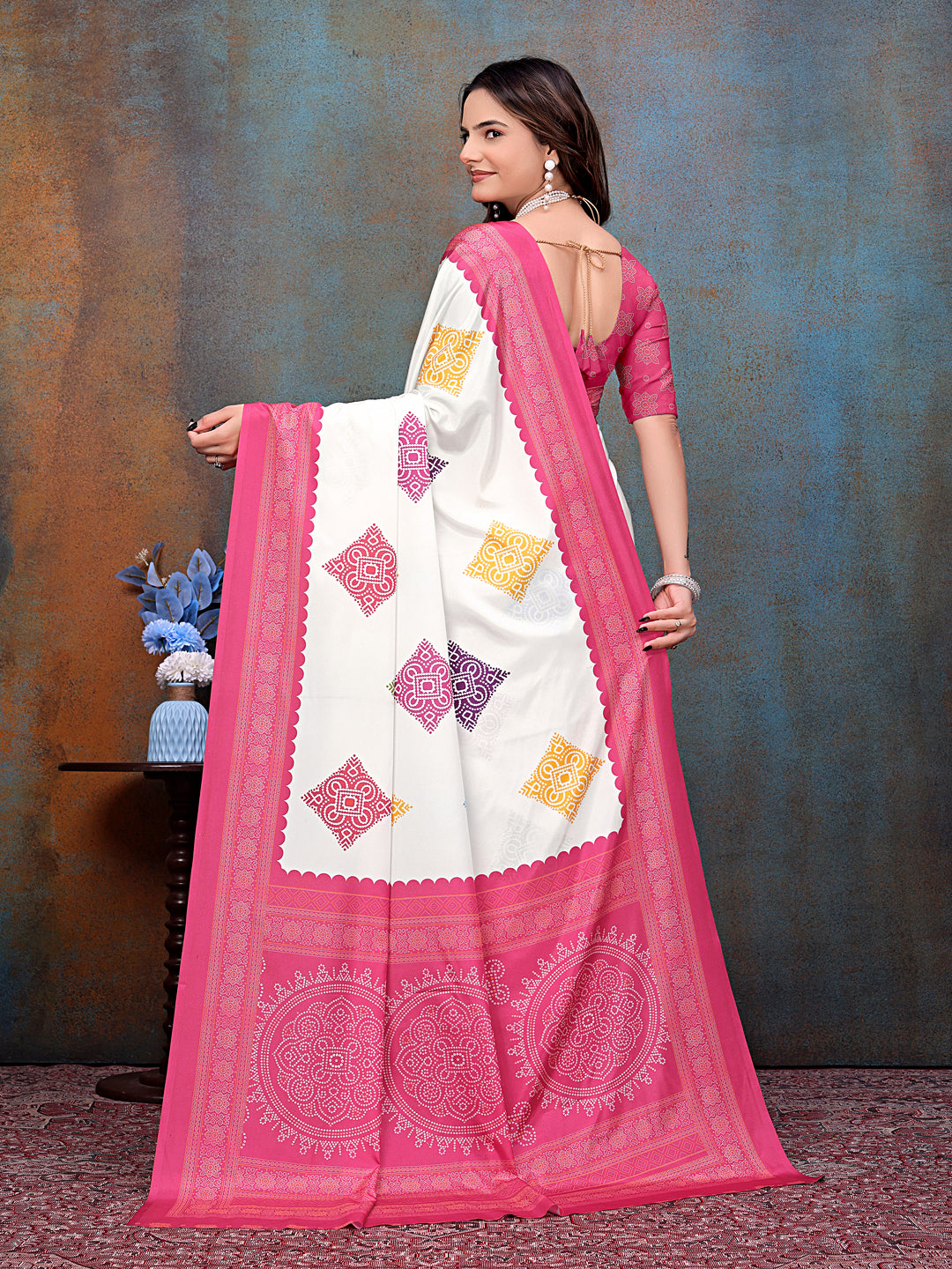 Pink White Printed Crepe Silk Saree for Women