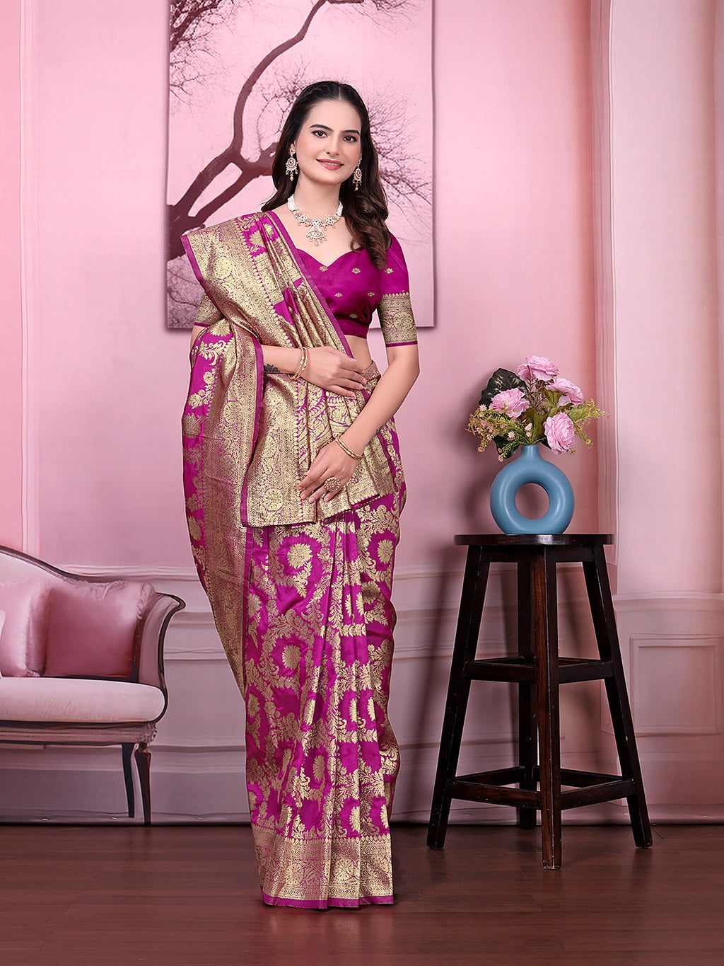 Ready to Wear Banarasi Jacquard Floral Print Party Saree with Unstitched Blouse