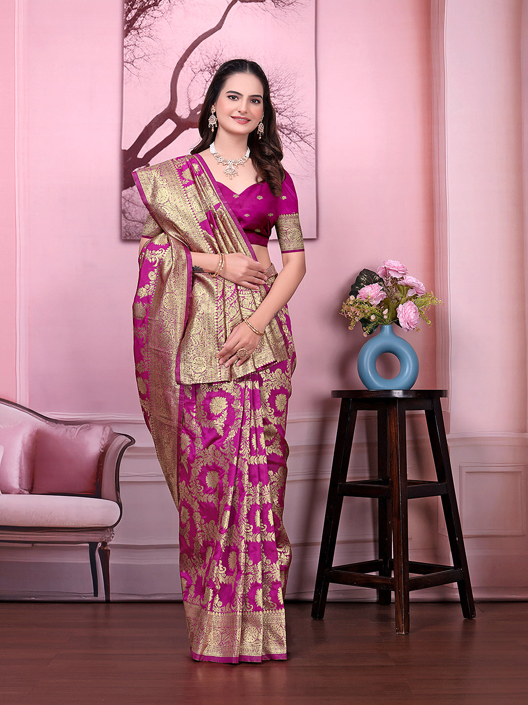 Ready to Wear Banarasi Jacquard Floral Print Party Saree with Unstitched Blouse