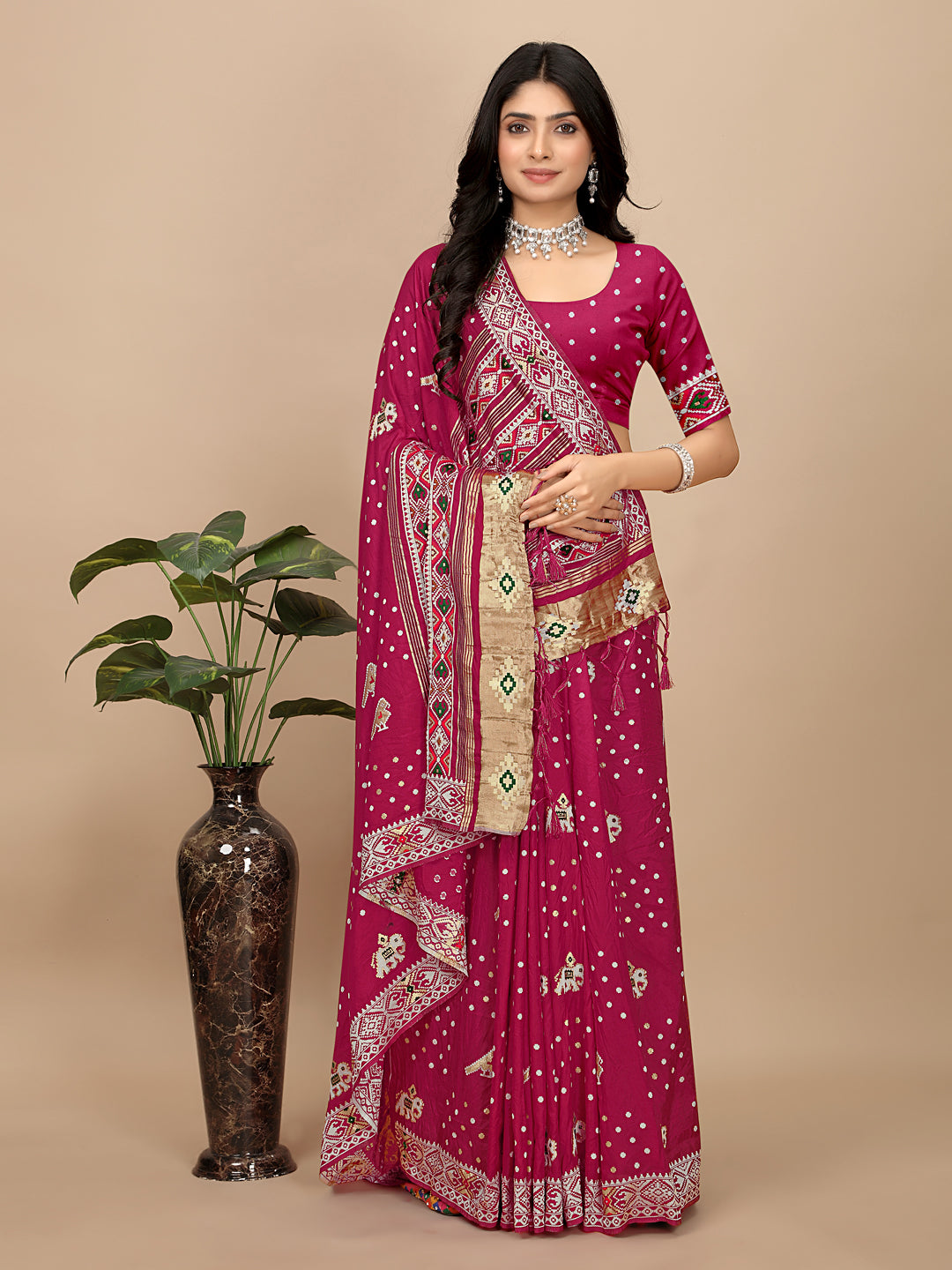 Patola Print Cotton Silk Saree with Tassel Border Pallu