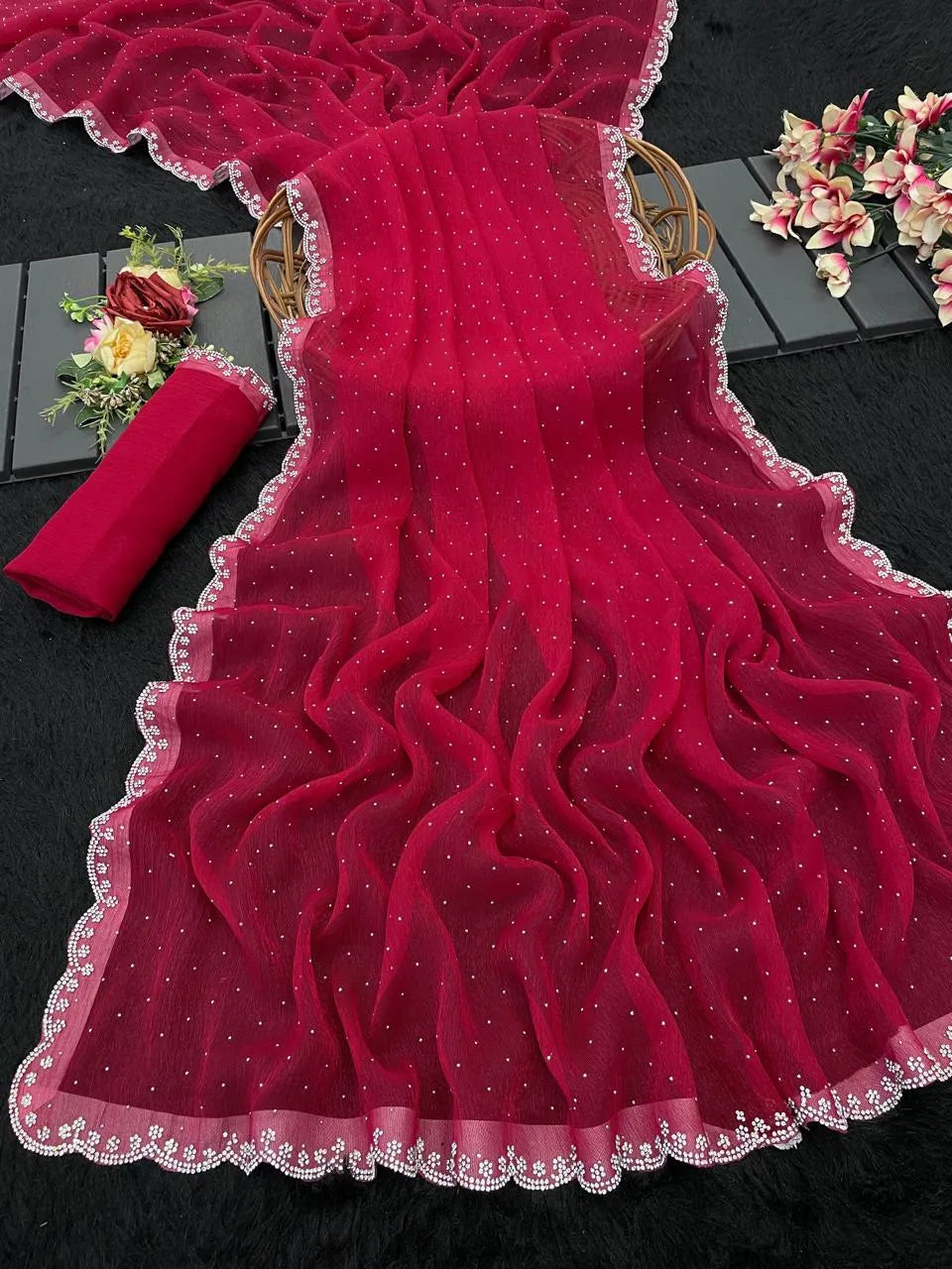 Chiffon  Siroski Diamond Lace Work Saree