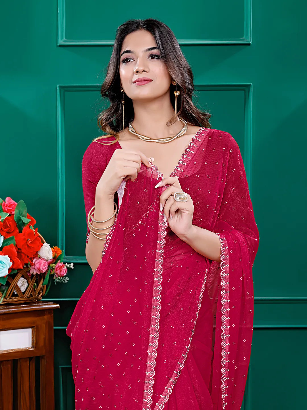 Chiffon Siroski Diamond Lace Work Saree