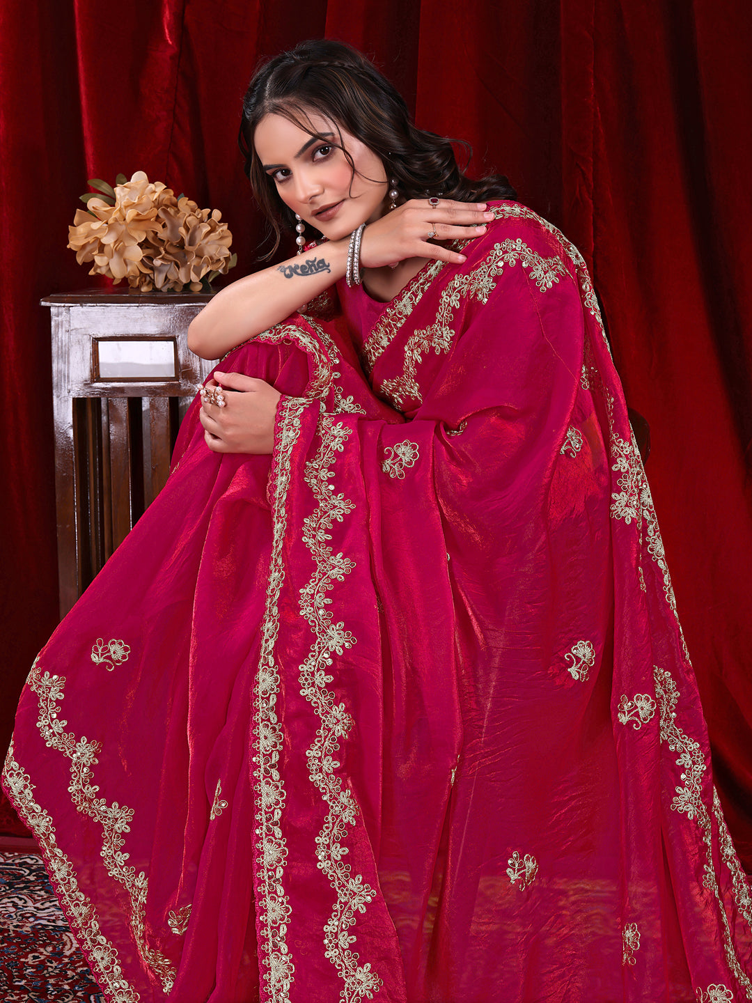 Traditional Embroidered Satin Silk Saree