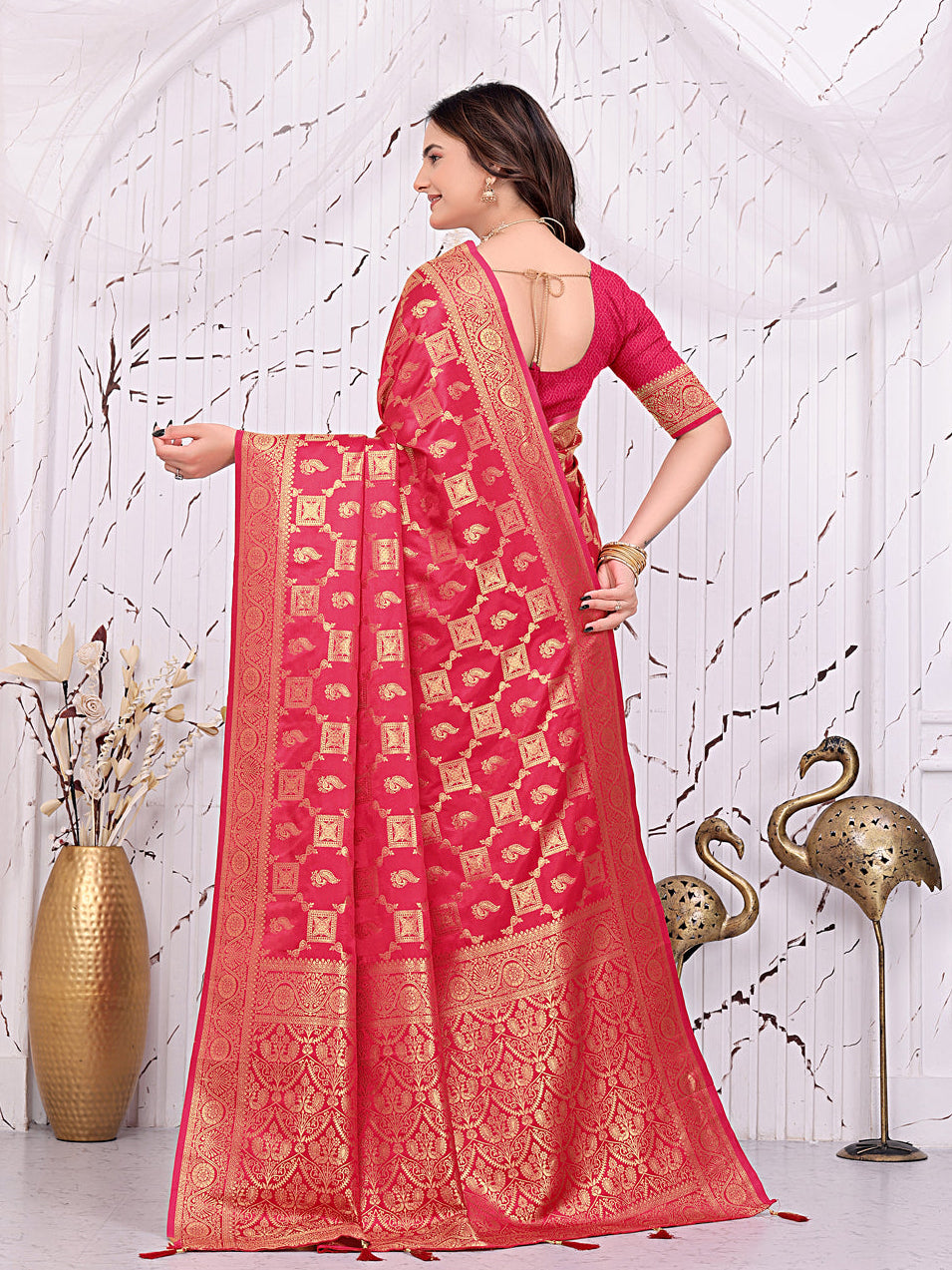 Banarasi Ready-to-Wear Saree with Traditional Woven Zari Motifs and Decorative Pallu.