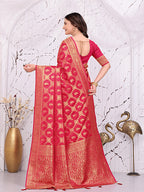 Banarasi Ready-to-Wear Saree with Traditional Woven Zari Motifs and Decorative Pallu.
