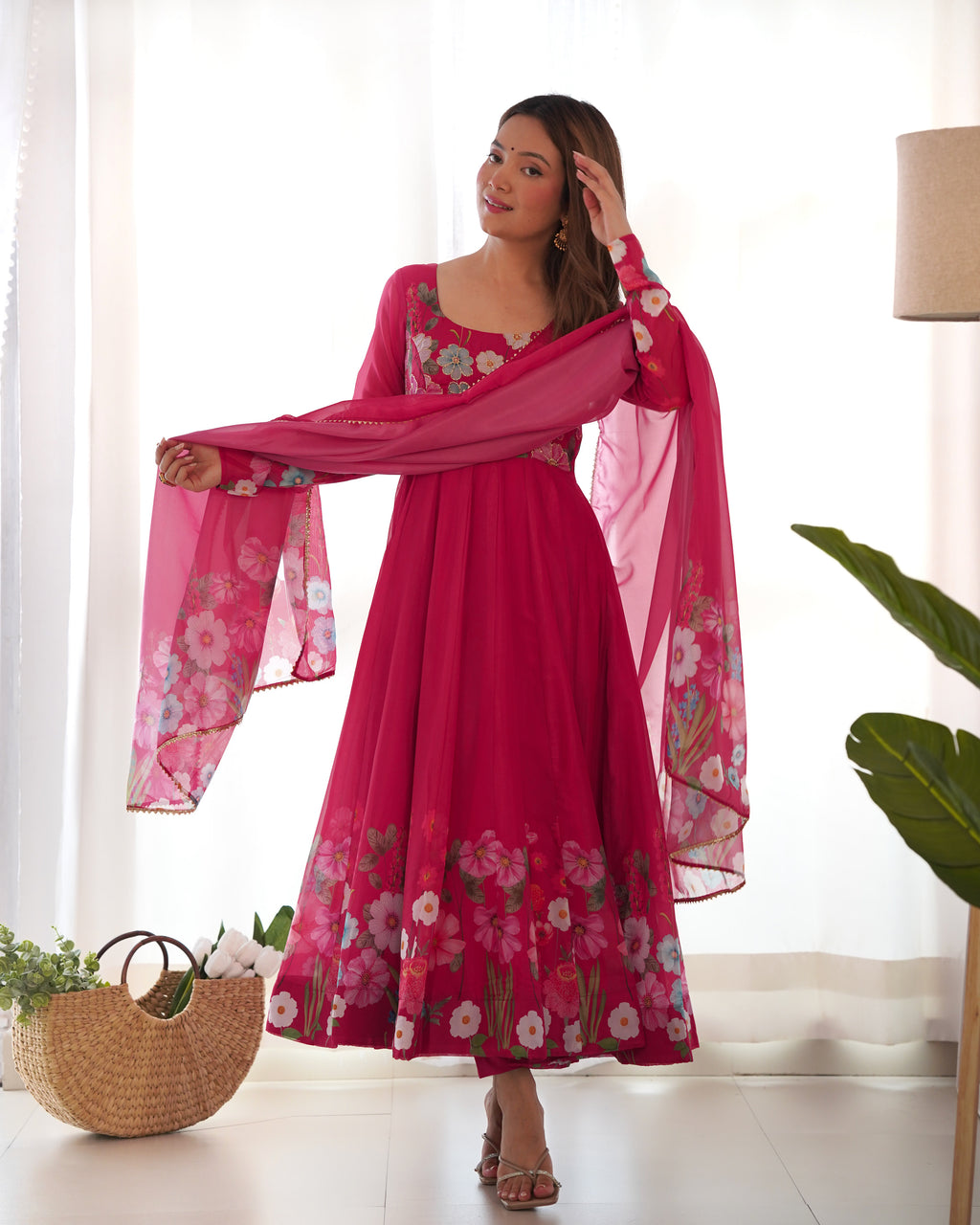 Women Floral Printed Organza Silk Flared Anarkali Kurta Set