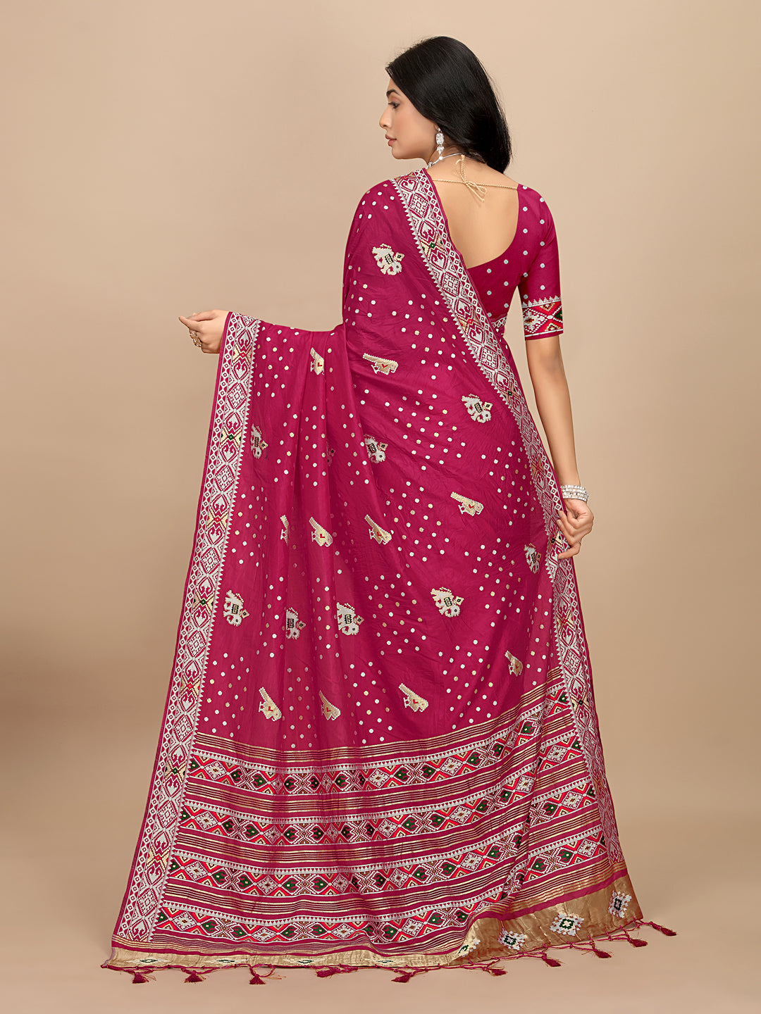 Patola Print Cotton Silk Saree with Tassel Border Pallu