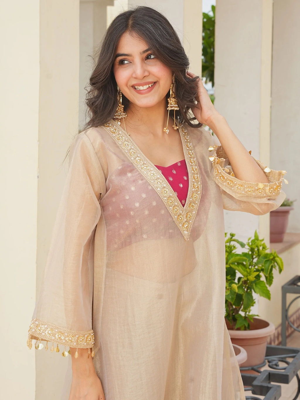 Salsa Fabric Embroidered Kurta and Palazzo Set with Inner Top