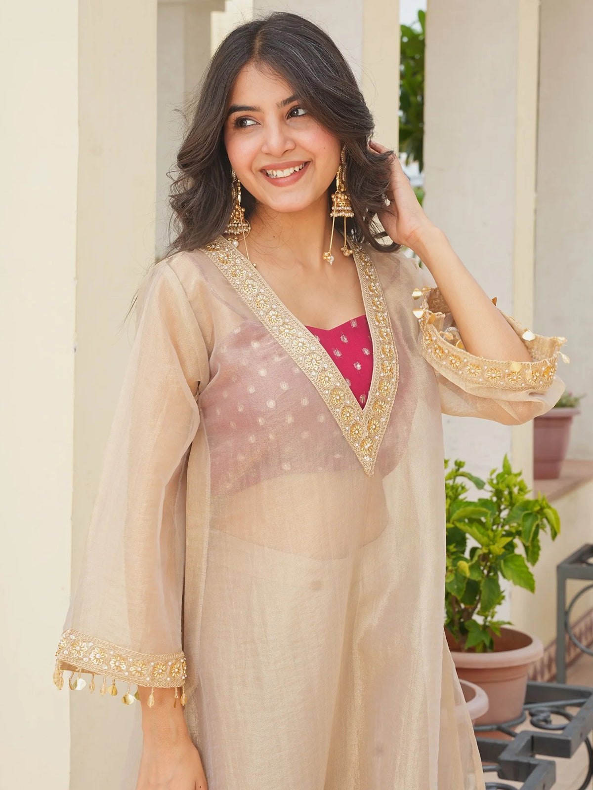 Salsa Fabric Embroidered Kurta and Palazzo Set with Inner Top