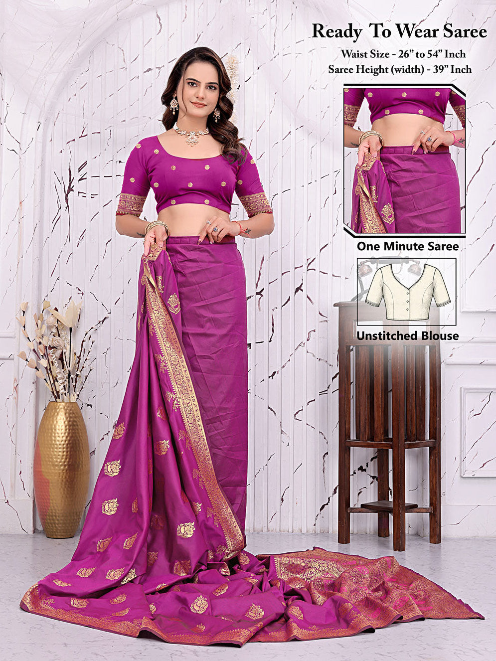 Ready To Wear Banarasi Silk Saree with Zari Woven Border