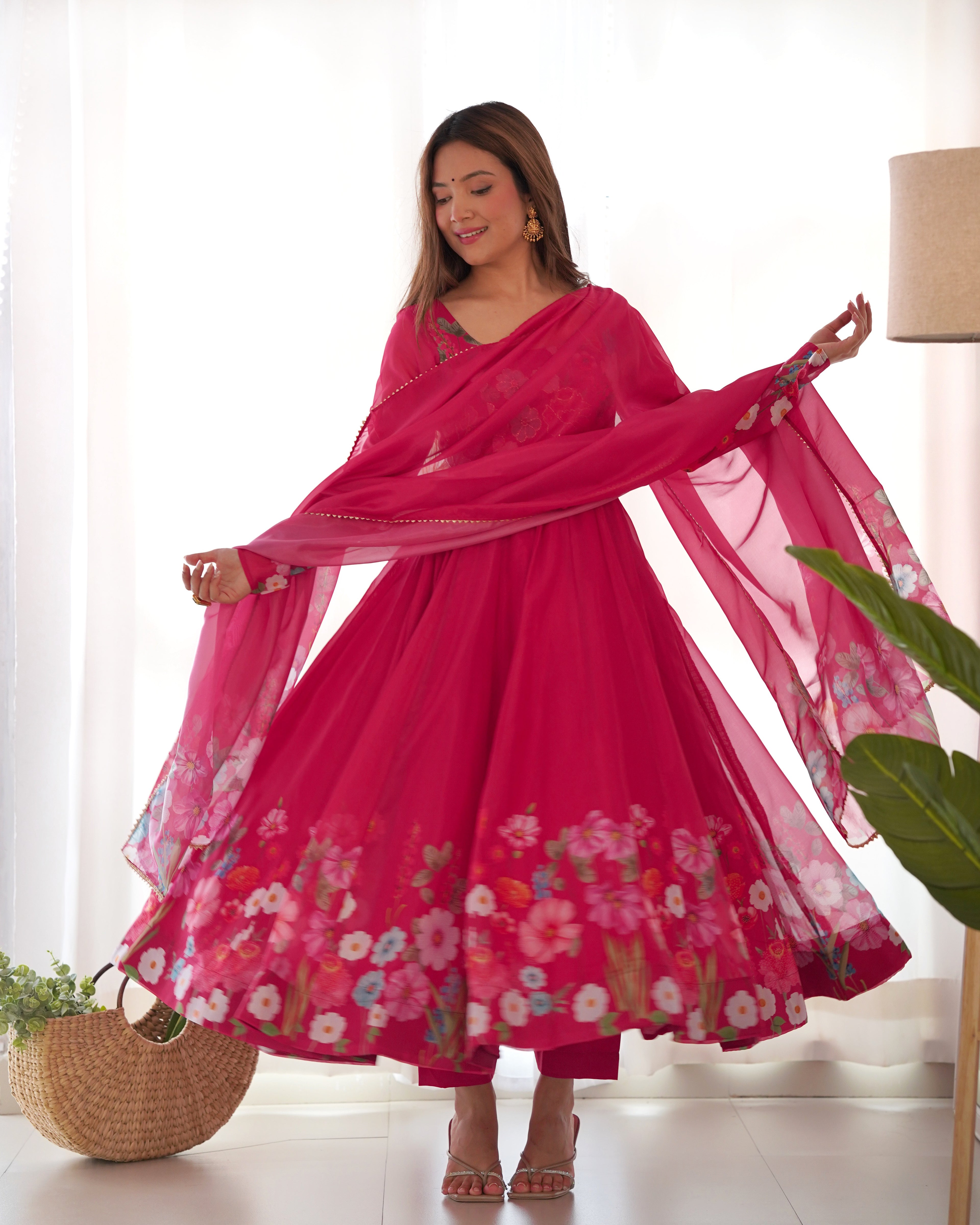 Women Floral Printed Organza Silk Flared Anarkali Kurta Set
