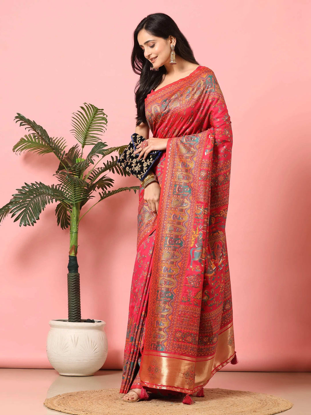 Floral Printed Woven Zari Pashmina Saree