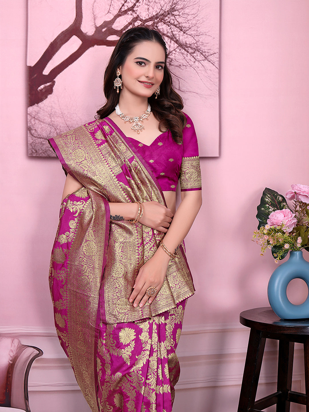 Ready to Wear Banarasi Jacquard Floral Print Party Saree with Unstitched Blouse