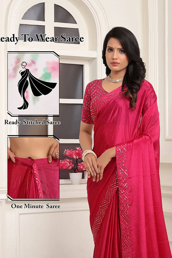 Pionex Ready To Wear Chinon Solid Saree With Embroidered Border