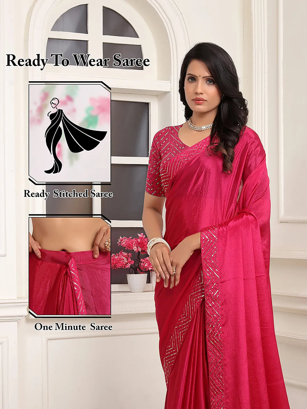 Pionex Ready To Wear Chinon Solid Saree With Embroidered Border