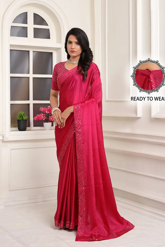 Pionex Ready To Wear Chinon Solid Saree With Embroidered Border