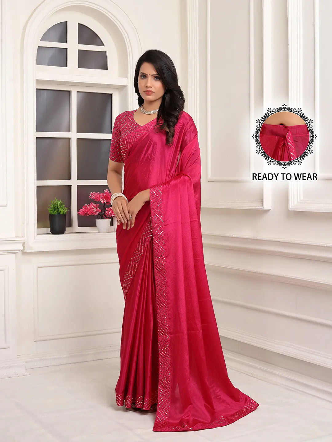 Pionex Ready To Wear Chinon Solid Saree With Embroidered Border