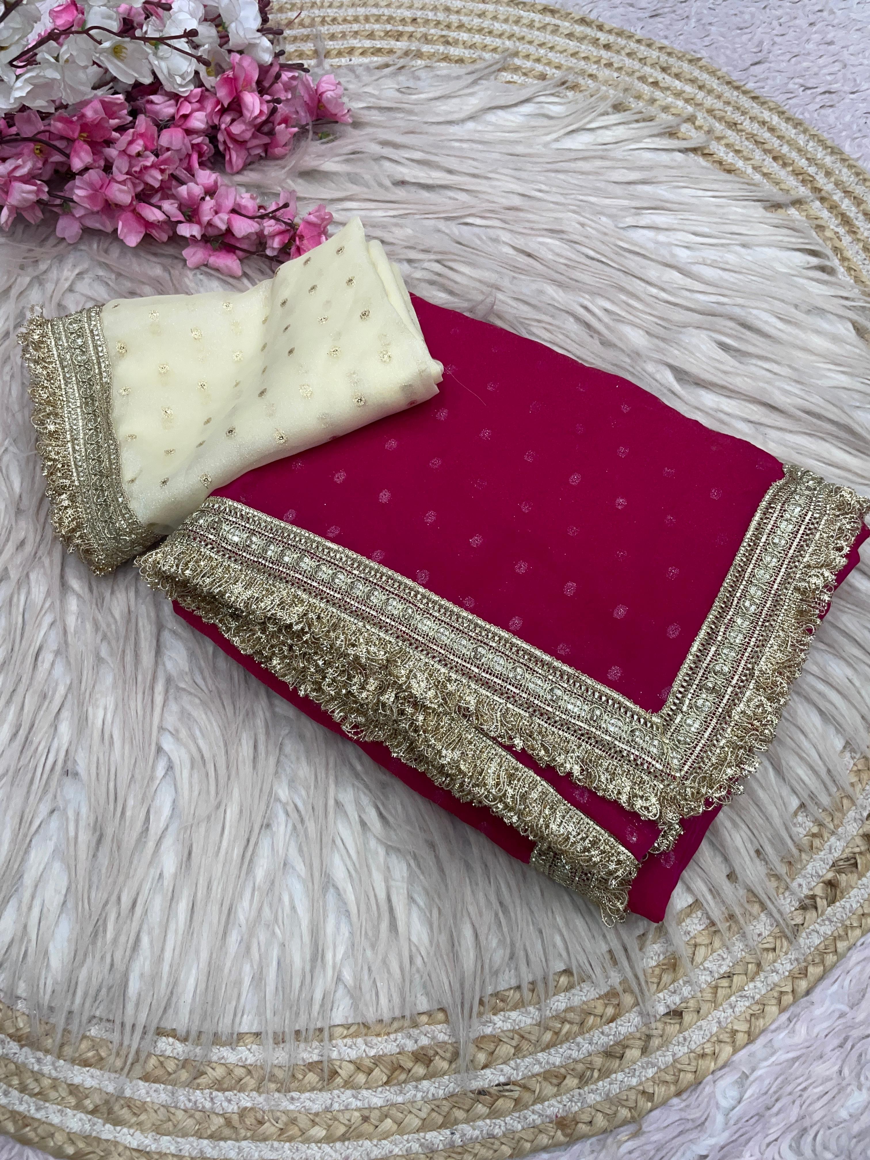 Moss Silk Jacquard Butti Saree with Fancy Lace Border