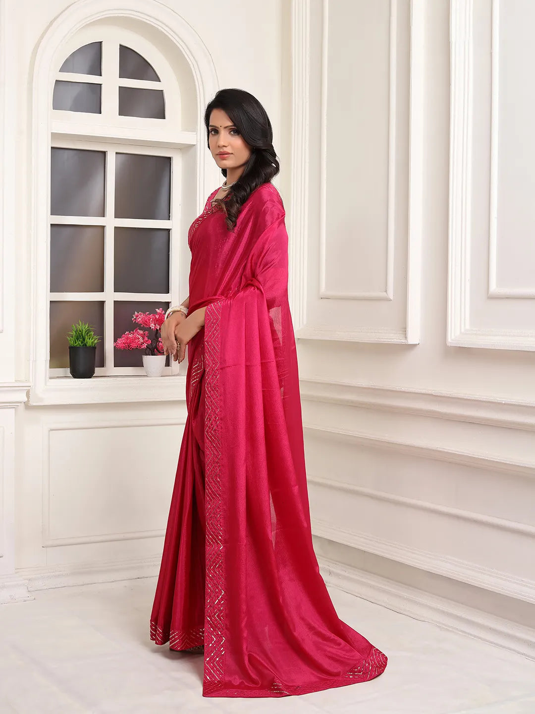 Pionex Ready To Wear Chinon Solid Saree With Embroidered Border